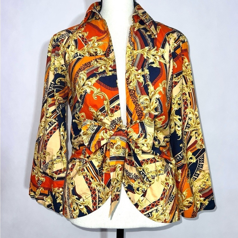Mishca Tie Front Artsy Blouse Abstract Top 3/4 Sleeve Flip‎ Cuffs Small